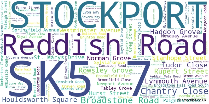 A word cloud for the SK5 7 postcode